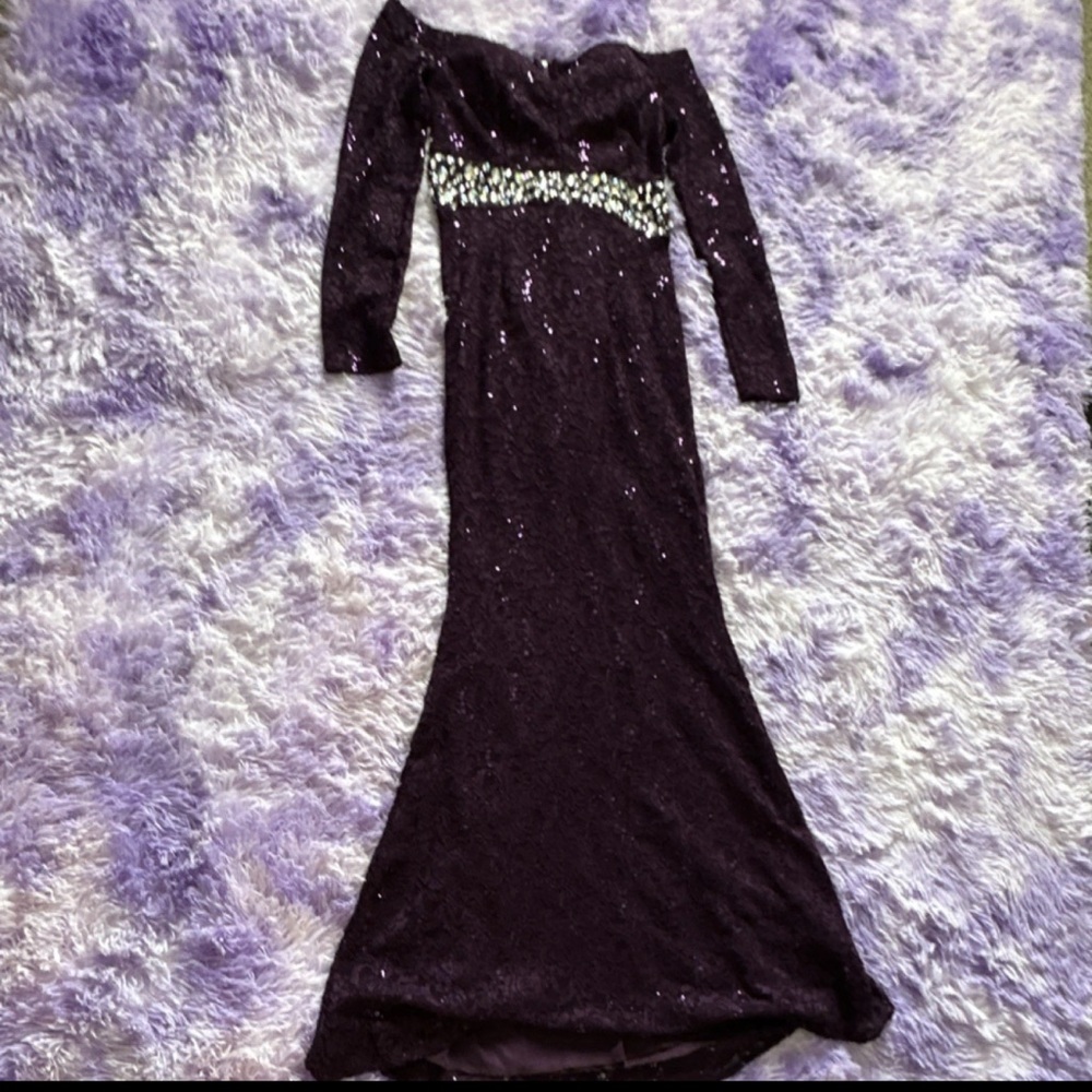 Scala purple Sequin Long Sleeve Evening Dress with Embellished Waist